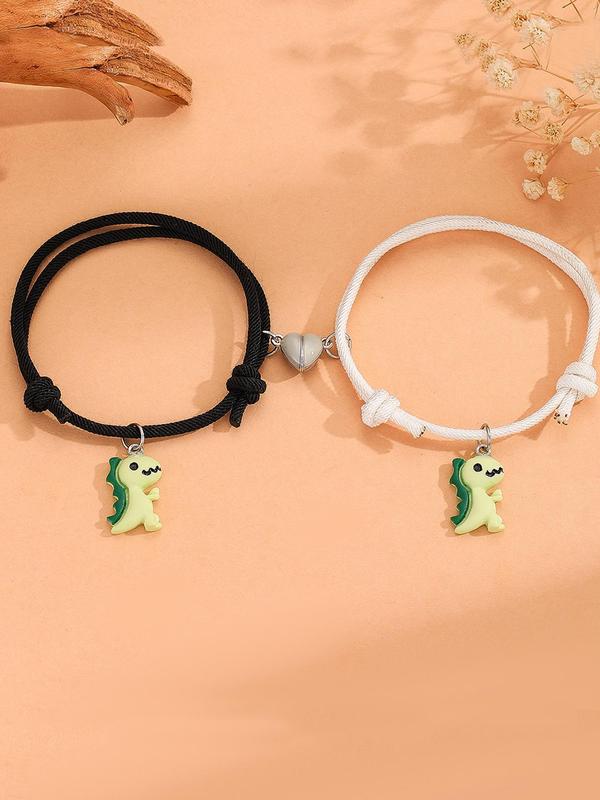 Cute Dinosaur & Magnetic Heart Design Bracelets, 2 Counts set Fashionable Couple Bracelets for Women & Men, Trendy All-match & Exquisite Jewelry for Gift