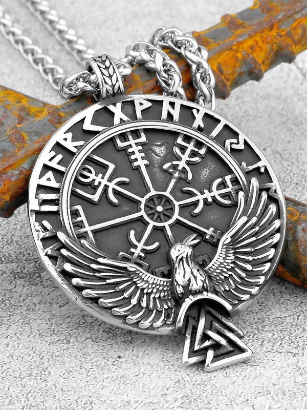 Crow Odin Rune Design Pendant Necklace For Men & Women, Stainless Steel Jewelry, Jewelry For Daily Decoration