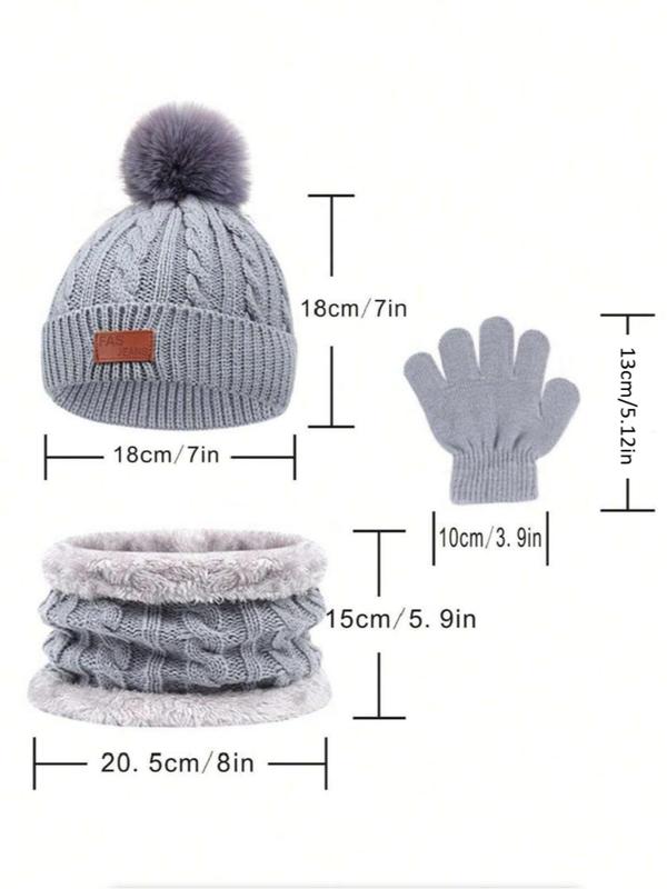 Cute Beanie Hat & Scarf & Gloves Set, Casual Contrast Faux Fur Label Patched Thickened Warm Hat & Scarf & Gloves for Fall & Winter, Fashion Accessories for Women & Men