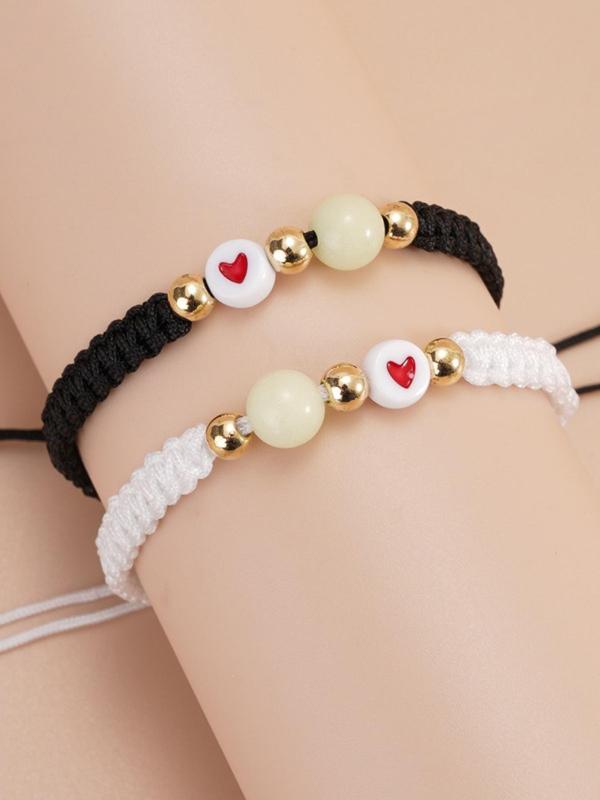 2pcs set Couple Cute Heart Detail Luminous Beaded Braid Design Matching Bracelet, Gift for Girlfriend, Fashion All-match New Trendy Couple Bracelet Kit, Trendy Accessories for Party, Daily Clothing Decor