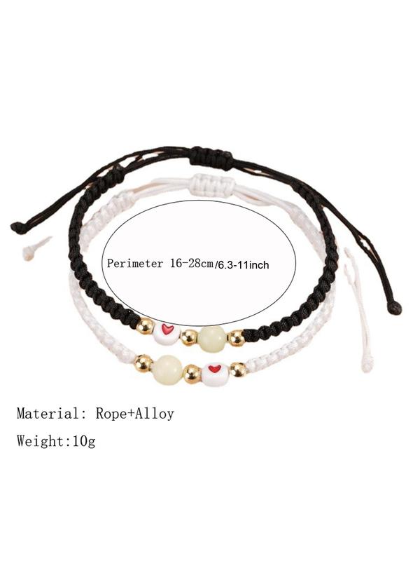 2pcs set Couple Cute Heart Detail Luminous Beaded Braid Design Matching Bracelet, Gift for Girlfriend, Fashion All-match New Trendy Couple Bracelet Kit, Trendy Accessories for Party, Daily Clothing Decor