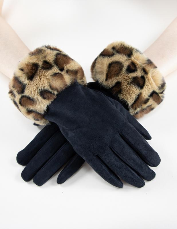 Women's Faux Fur Leopard Cuff Suede Gloves