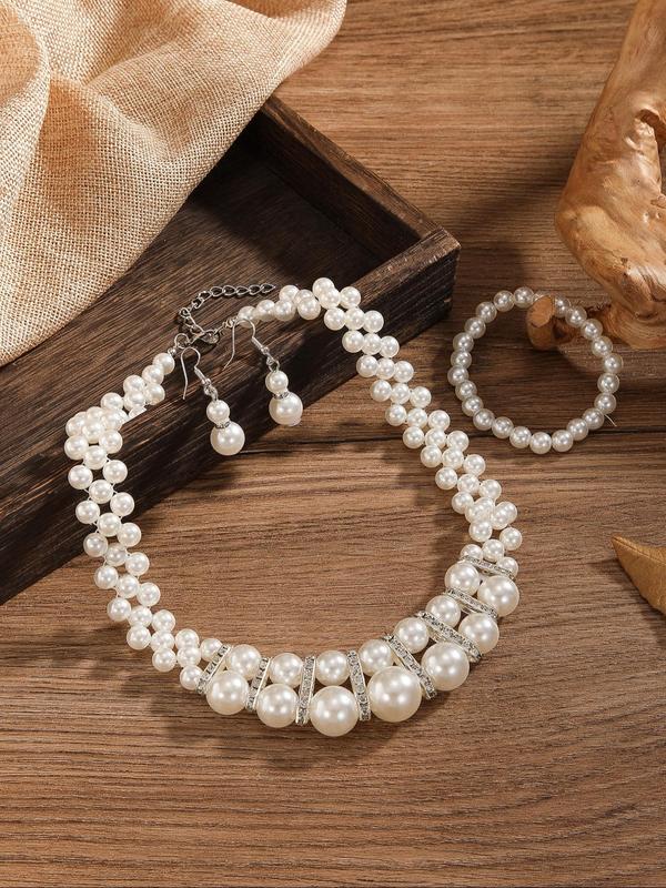 Faux Pearl Decorated Jewelry Set, Elegant Double Layer Necklace & Dangle Earrings & Bracelet for Party Decor, Trendy All-match & Exquisite Jewelry for Gift