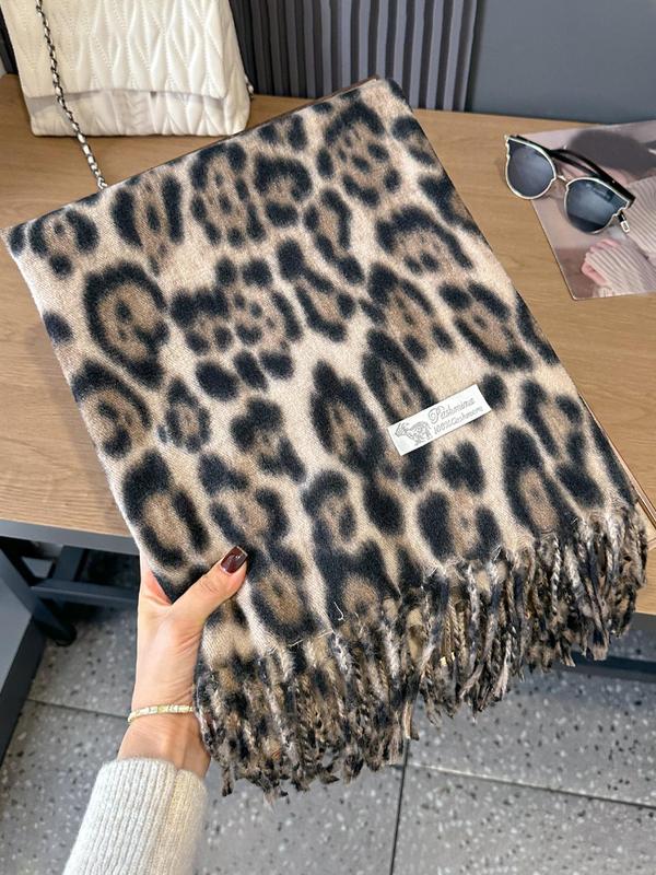 Women's Leopard Print Tassel Decor Scarf, Casual Soft Warm Shawl for Fall & Winter, Fashion Accessories for Daily Wear