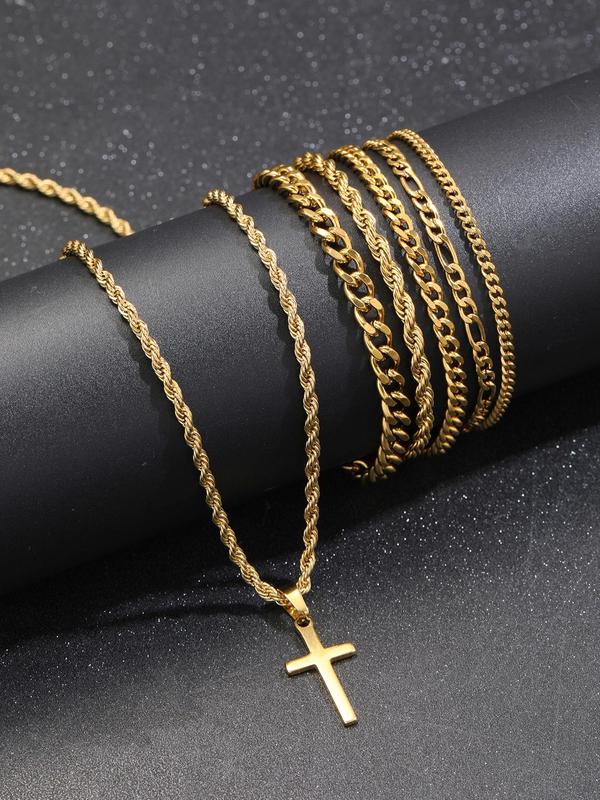 Men's Street Style Cross Pendant Necklace & Chain Bracelets, Casual Trendy Necklace & Bracelets, Fashionable Hip Hop Jewelry Set for Daily & Party Decor