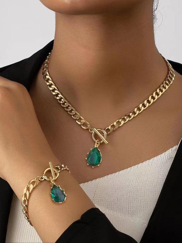 Women's Elegant Water Drop Shaped Rhinestone Decorated Jewelry Set, Exquisite Trendy Necklace & Bracelet with OT Buckle, Chic Jewelry Set for Party & Daily Decor