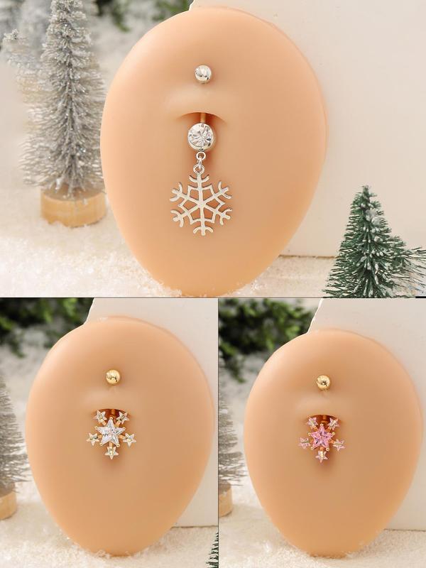 Women's Elegant Rhinestone Decor Snowflake Shape Belly Ring, Exquisite Trendy Belly Piercing Jewelry, Chic Body Shiny Jewelry for Party Decor