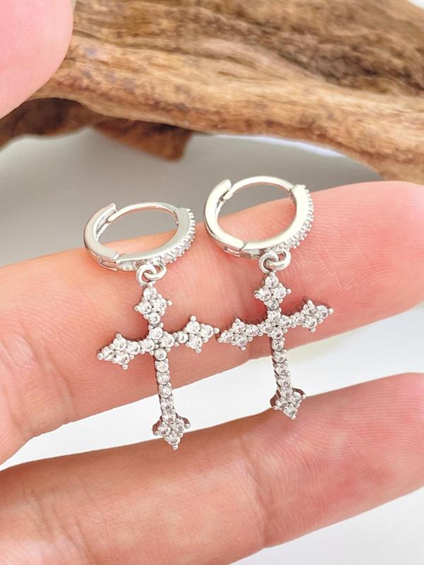 Women's Elegant Rhinestone Decor Cross Design Dangle Earrings, 1 Pair Trendy Glittering Dangle Earrings, Luxury Jewelry for Daily & Party Decor