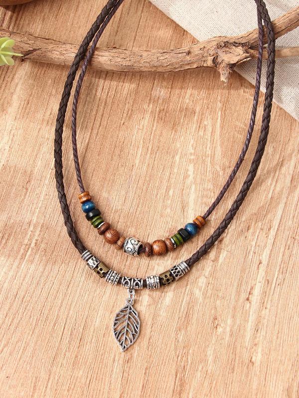 Women's Boho Style Leaf Design Pendant Necklace, Trendy Vintage Beads Decor Adjustable Pull-out Pendant Necklace, Chic Gorgeous Jewelry As Gift for Girlfriend