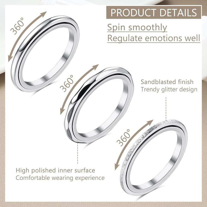 FLORIDECO 3Pcs Stainless Steel Rings Set Fidget Ring Womens Rings Anxiety Rings Anti Stress Ring Band Rings Thumb Rings Silver Rings for Women Spinner Ring Fidget Ring for Anxiety Women Men Daily