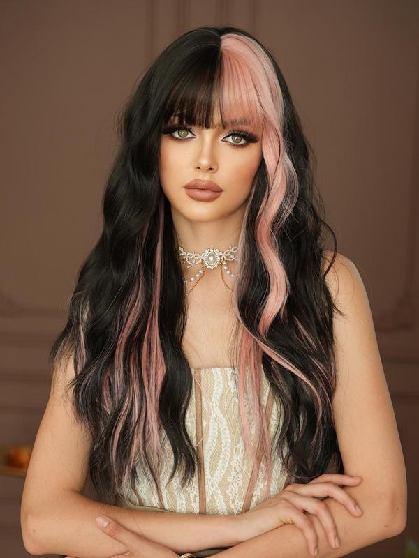 Summer 2024 Ombre Long Wavy Wigs for Women, Gorgeous Fluffy Wigs with Bangs, Synthetic Full Machine Wigs for Party Streetwear, Daily Use, Fall Outfits, Fall Freshness