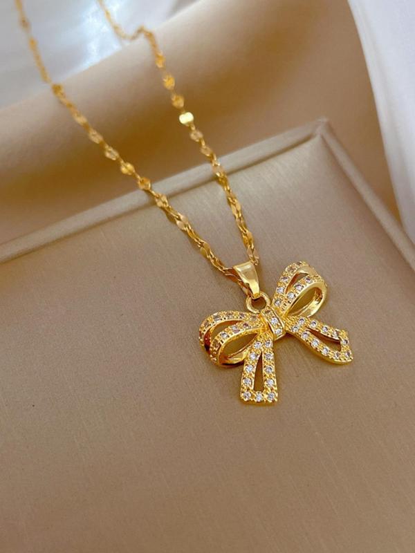 Elegant Rhinestone Bow Decor Pendant Necklace for Women for Gift, 2024 Trendy Stainless Steel Matching Jewelry, Luxury Shiny Dainty Accessory