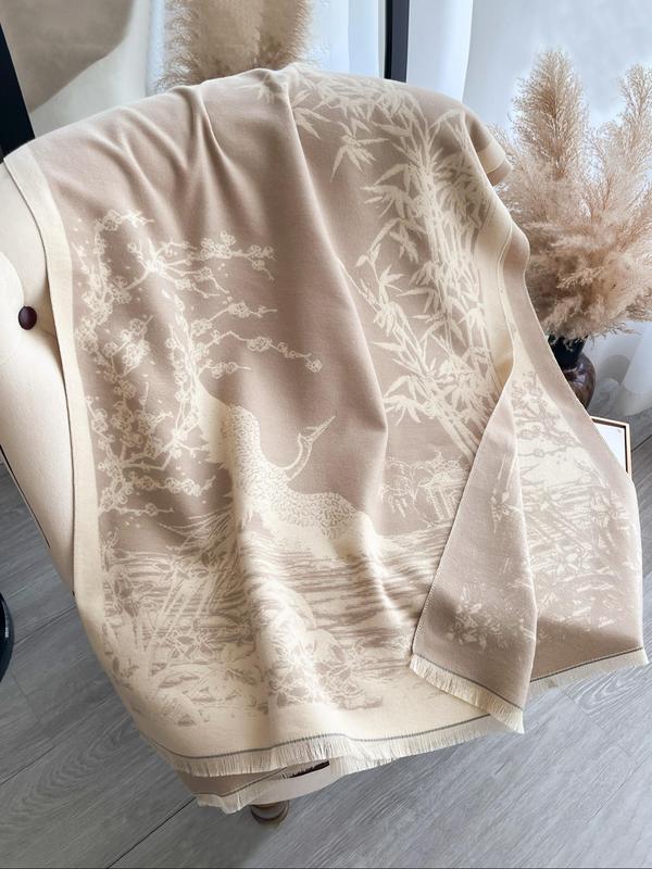 Leaf & Crane Print Double Sided Scarf, Casual Soft Warm Shawl for Women & Men, Fashion Accessories for Daily Wear