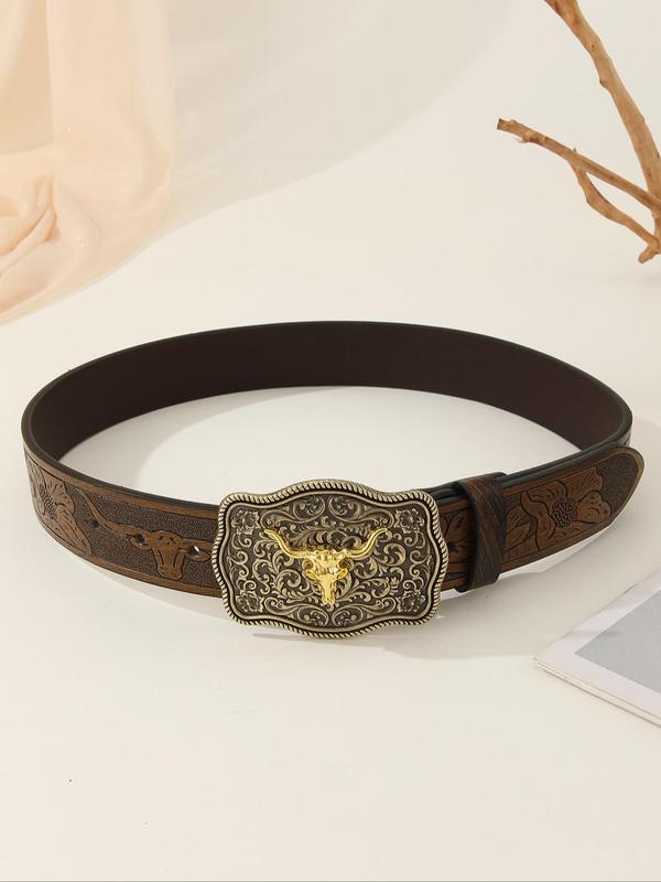 Western Cowboy Style Embossed PU Buckle Belt, Boho Style Animal Decor Belt for Men & Women, Fashion Accessories for Daily Wear