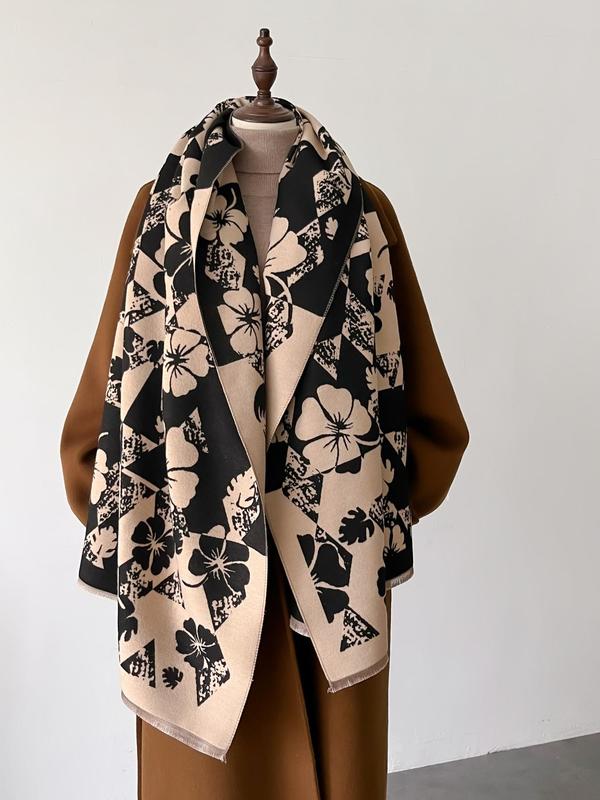 Floral Print Scarf for Winter, Casual Soft Warm Shawl for Women & Men, Fashion Accessories for Daily Wear, Trendy All-match & Exquisite Scarf for Birthday Gift