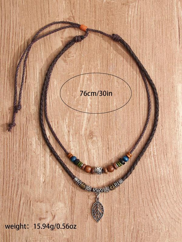 Women's Boho Style Leaf Design Pendant Necklace, Trendy Vintage Beads Decor Adjustable Pull-out Pendant Necklace, Chic Gorgeous Jewelry As Gift for Girlfriend