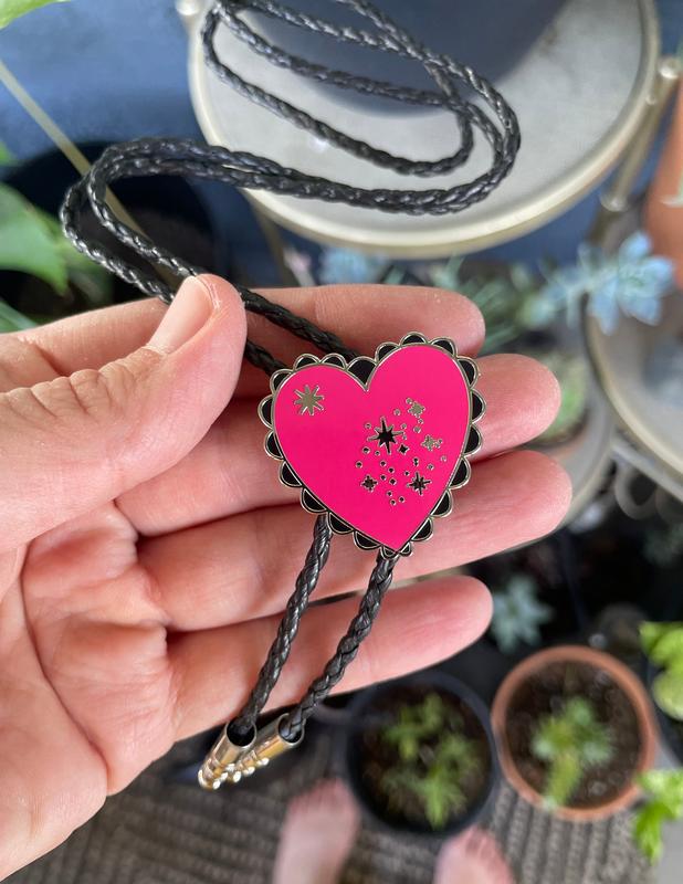 Heart Shapes Bolo Tie is Red, Black or Green. On vegan rope.