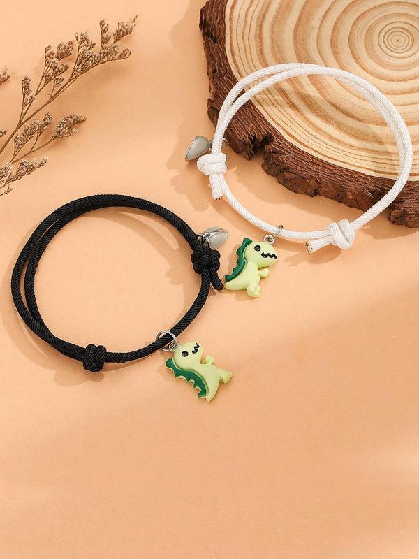 Cute Dinosaur & Magnetic Heart Design Bracelets, 2 Counts set Fashionable Couple Bracelets for Women & Men, Trendy All-match & Exquisite Jewelry for Gift