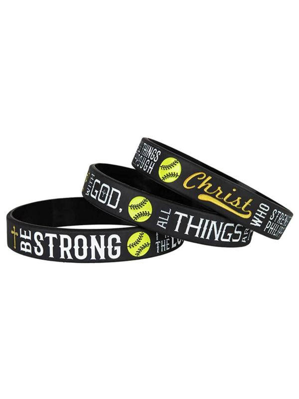 3pcs Letter Pattern Softball Rubber Bangle, Sporty Silicone Wristband for Men & Women, 2024 New Minimalist Aesthetic Jewelry Gift