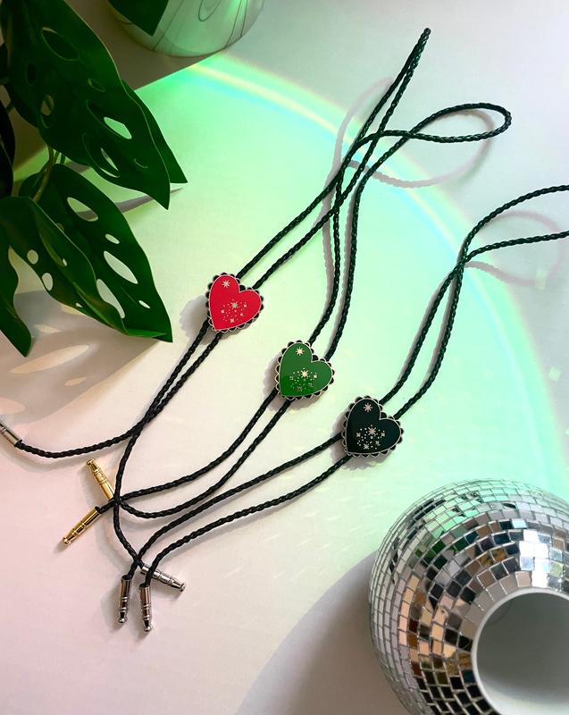 Heart Shapes Bolo Tie is Red, Black or Green. On vegan rope.