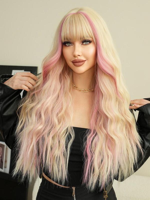 Summer 2024 Ombre Long Wavy Wigs for Women, Gorgeous Fluffy Wigs with Bangs, Synthetic Full Machine Wigs for Party Streetwear, Daily Use, Fall Outfits, Fall Freshness