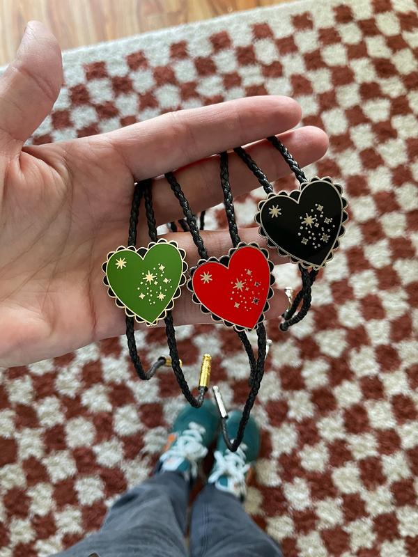 Heart Shapes Bolo Tie is Red, Black or Green. On vegan rope.