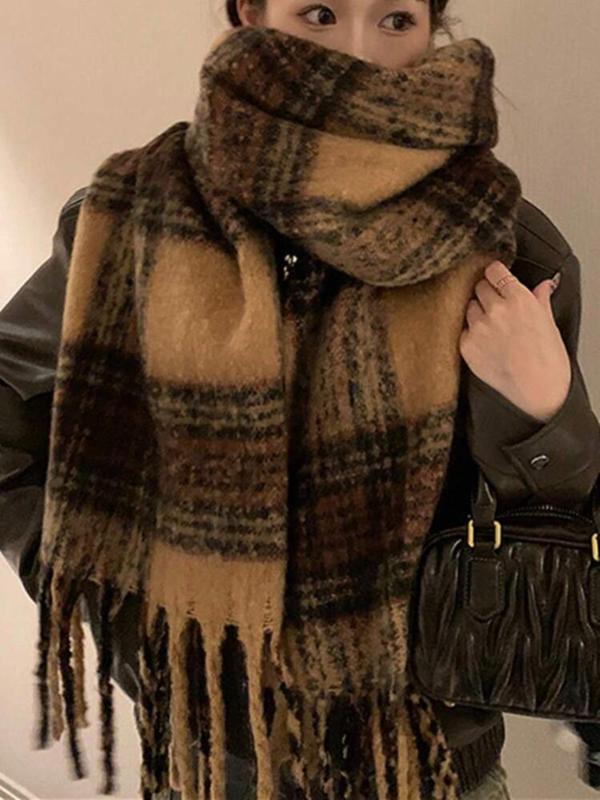 Women's Plaid Pattern Tassel Decor Scarf, Casual Soft Warm Thickened Shawl for Fall & Winter, Fashion Accessories for Women & Girls