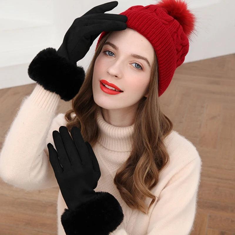 Fashion Women Winter Warm Suede Leather Touch Screen Glove Female Faux