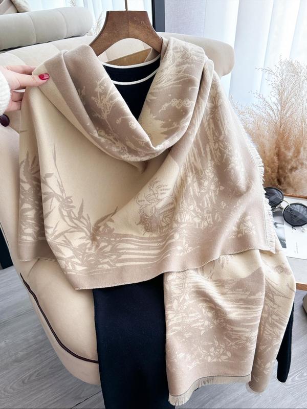 Leaf & Crane Print Double Sided Scarf, Casual Soft Warm Shawl for Women & Men, Fashion Accessories for Daily Wear