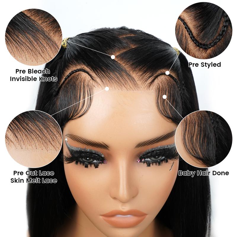 Asteria Hair Pre-Styled Straight 13x4 Glueless Ready to Go Lace Frontal Wig Human Hair Wig Pre Bleached Beginners Glueless Wig