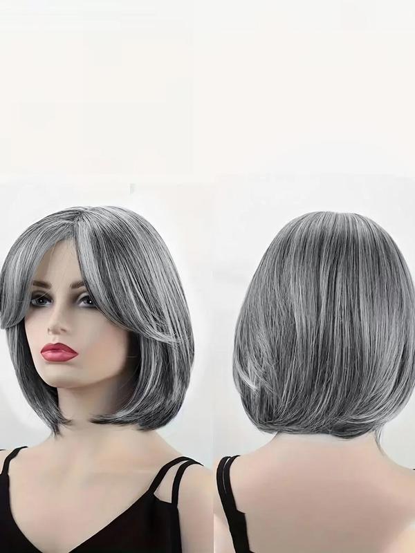 14 Inch Gray Short Bob Wigs for Women, Natural Looking Gorgeous Fluffy Wigs with Curtain Bangs, Synthetic Full Machine Wigs for Party Photography, Daily Use