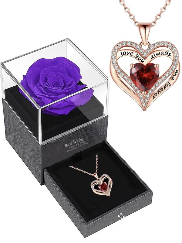 Summer Rhinestone Decor Heart Necklace with Red Rose Flower Gift Box for Gift, Women's Matching Funky Unique Accessories for Anniversary Gift Back To School for Fall 2024