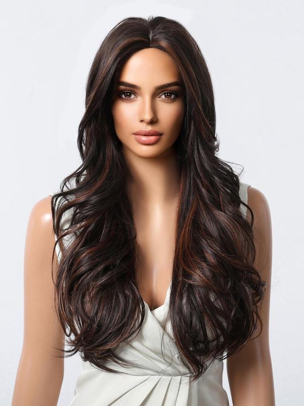 26 Inch Brown Highlight Long Wavy Wigs for Women, Gorgeous Fluffy Wigs without Bangs, Synthetic Full Machine Wigs for Party, Daily Use