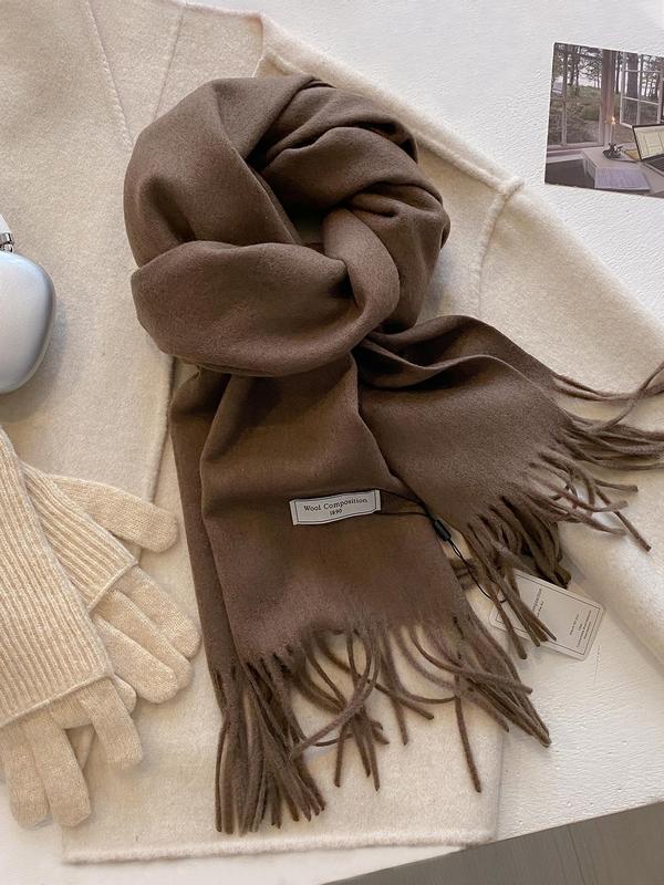 Women's Solid Color Tassel Decor Scarf, Casual Soft Warm Shawl for Fall & Winter, Fashion Accessories for Daily Wear