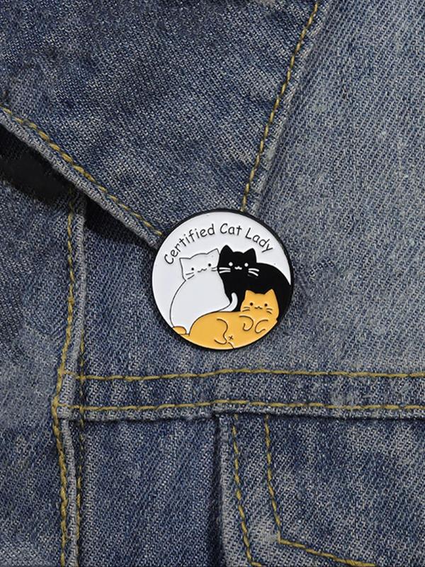 Fashion Cute Cat & Letter Design Brooch,  Round Shaped Animal Themed Brooch, Clothes Accessories for Women & Men