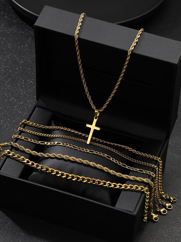 Men's Street Style Cross Pendant Necklace & Chain Bracelets, Casual Trendy Necklace & Bracelets, Fashionable Hip Hop Jewelry Set for Daily & Party Decor