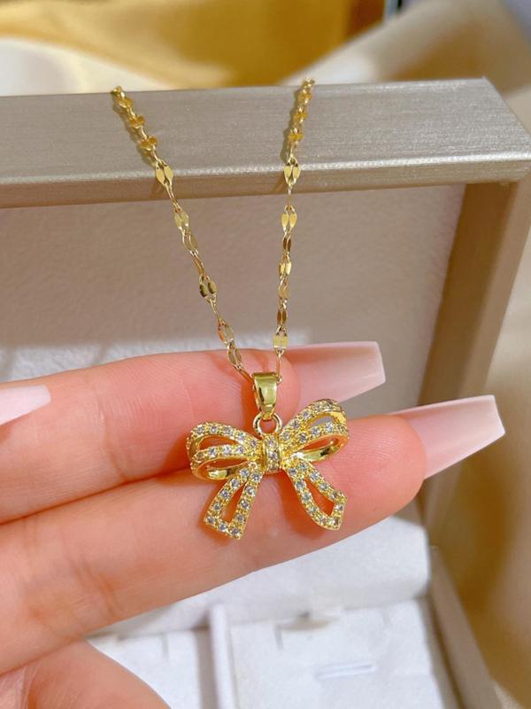 Elegant Rhinestone Bow Decor Pendant Necklace for Women for Gift, 2024 Trendy Stainless Steel Matching Jewelry, Luxury Shiny Dainty Accessory