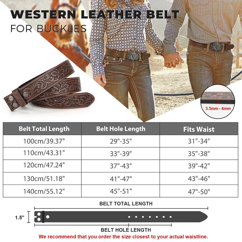 Western Leather Belt Strap for Men Women Cowboy Cowgirl Engraved Embossed Leather Belt Strap for Jeans Pants