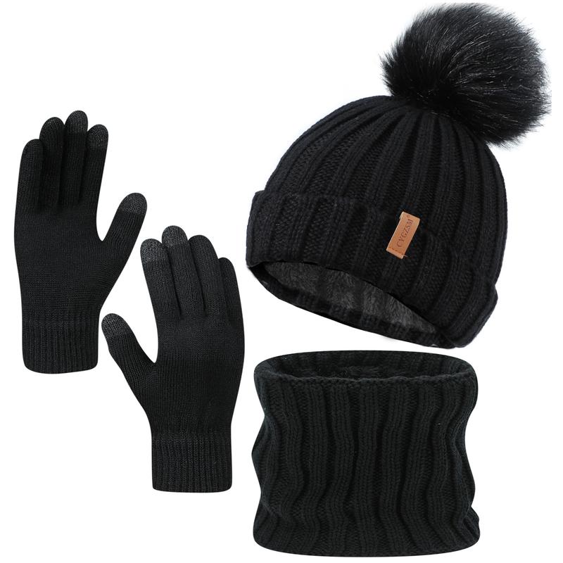 3 Pcs Soft Cable Knit Winter Warm Beanie Hats And Gloves Set For Women Slouchy Thick Hat Touchscreen Gloves