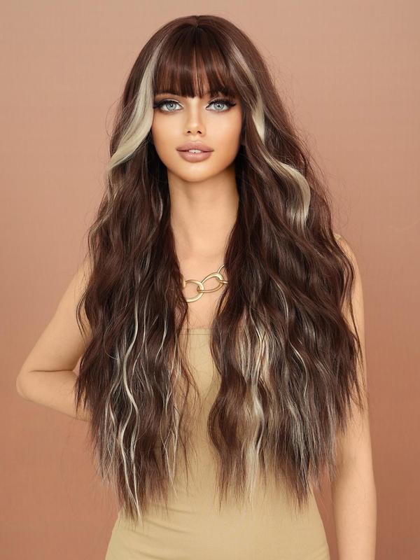 Summer 2024 Ombre Long Wavy Wigs for Women, Gorgeous Fluffy Wigs with Bangs, Synthetic Full Machine Wigs for Party Streetwear, Daily Use, Fall Outfits, Fall Freshness