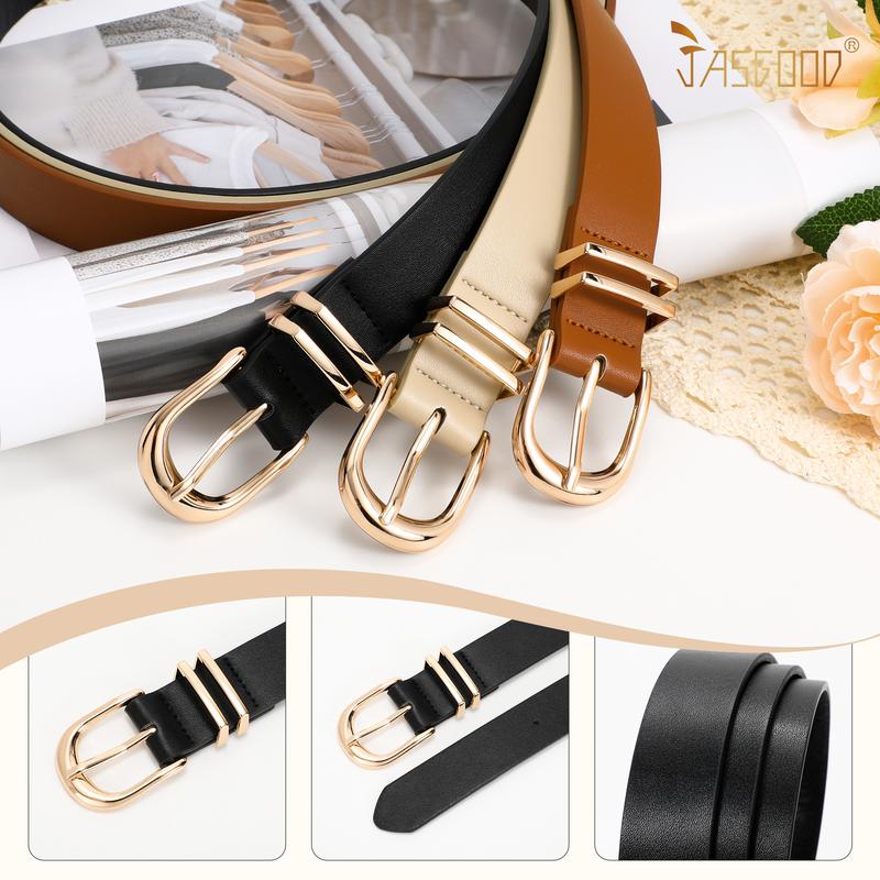 JASGOOD 3 Pack Women Leather Belts  Ladies Faux Waist Belt with Gold Buckle For Jeans Dresses Pants