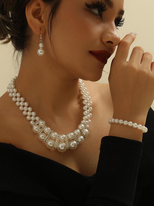 Faux Pearl Decorated Jewelry Set, Elegant Double Layer Necklace & Dangle Earrings & Bracelet for Party Decor, Trendy All-match & Exquisite Jewelry for Gift