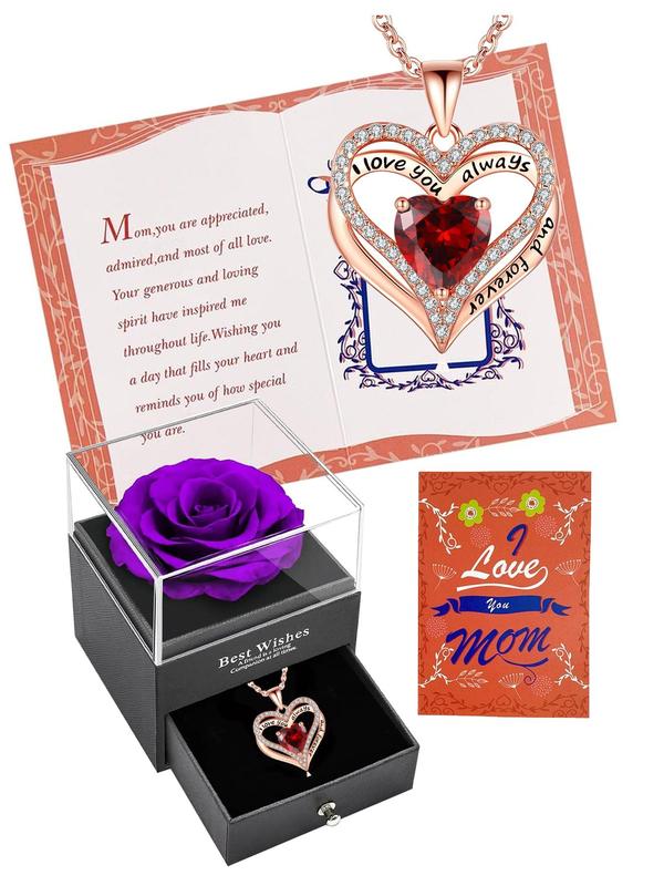 Summer Rhinestone Decor Heart Necklace with Red Rose Flower Gift Box for Gift, Women's Matching Funky Unique Accessories for Anniversary Gift Back To School for Fall 2024