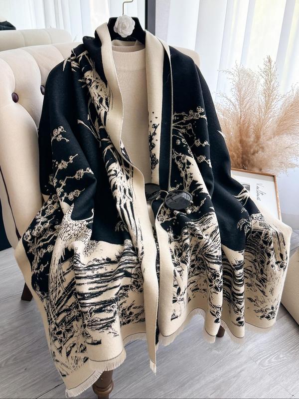 Leaf & Crane Print Double Sided Scarf, Casual Soft Warm Shawl for Women & Men, Fashion Accessories for Daily Wear