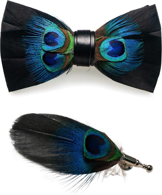 Handmade Feather Pre-tied Bow tie and Brooch Sets for Men Suitable Gifts for Friends