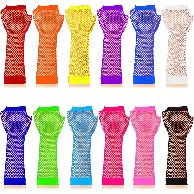 12 Pairs Fingerless Neon Fishnet Gloves for Women and Girls 80s Party Costume Accessories Supplies