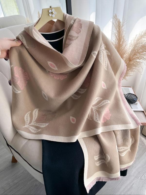 Women's Boho Style Floral & Leaf Print Tassel Decor Shawl, Casual Warm Thick Double Sided Scarf for Fall & Winter, Fashion Accessories for Women & Girls