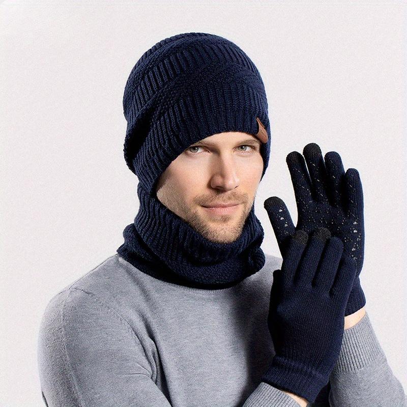 Men's Winter Knit Hat Set with Ear Flaps - Plush, Warm & Windproof, Includes Neck Warmer and Scarf, Mixed Colors