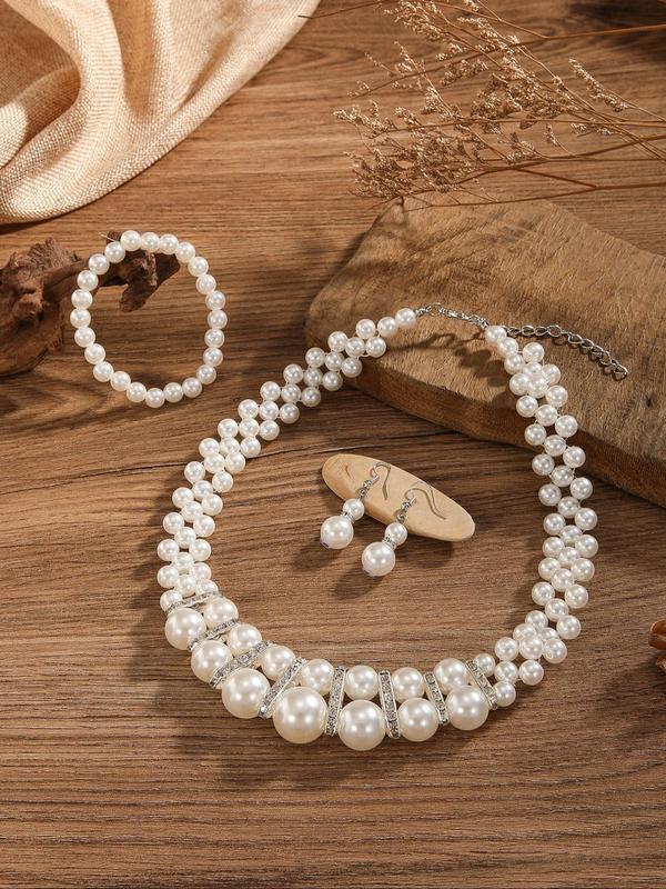 Faux Pearl Decorated Jewelry Set, Elegant Double Layer Necklace & Dangle Earrings & Bracelet for Party Decor, Trendy All-match & Exquisite Jewelry for Gift