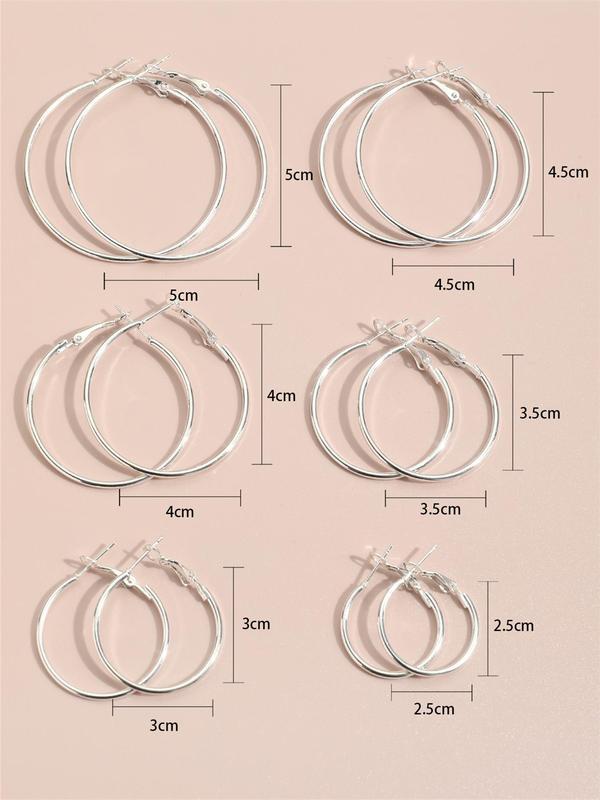 6 Pairs Women's Simple Plain Alloy Hoop Earrings, Casual All-match Jewelry for Girls Gift, Female Classic Fashion Accessories for Daily Wear